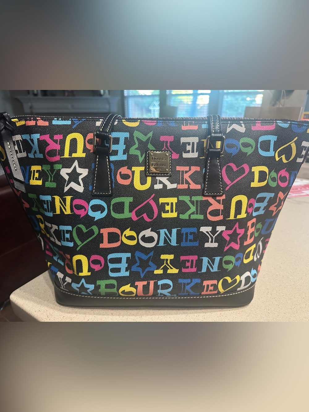 Dooney & Bourke Black Multicolor Logo Tote with Leather Trim